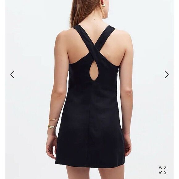 MADEWELL Mini Dress Women 10 Black 100% Linen NEW Cross Back A-Line NQ326 - Picture 2 of 14